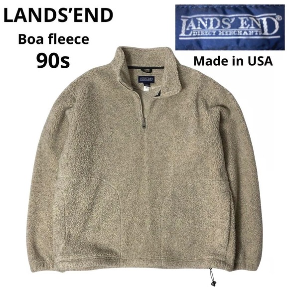 Vintage 90s Land's End‎ Boa Fleece Pullover Oatmeal Made in USA Sherpa Utility L